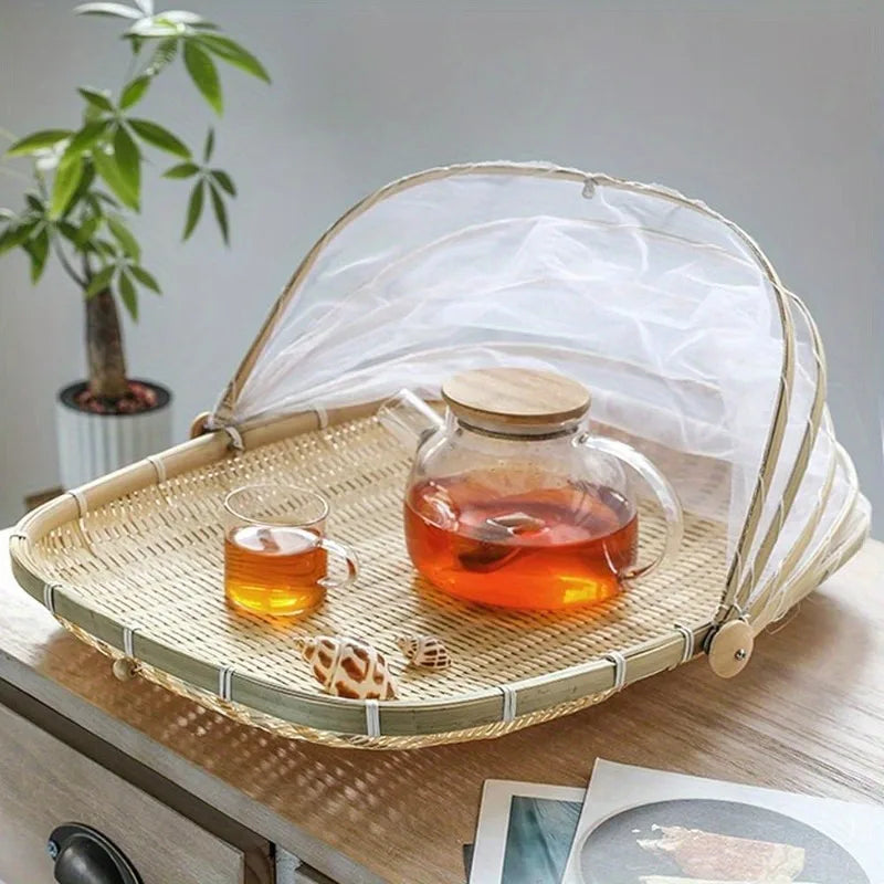 Vintage Handwoven Round Bamboo Mesh Basket Tabletop Ornament for Home Decor
