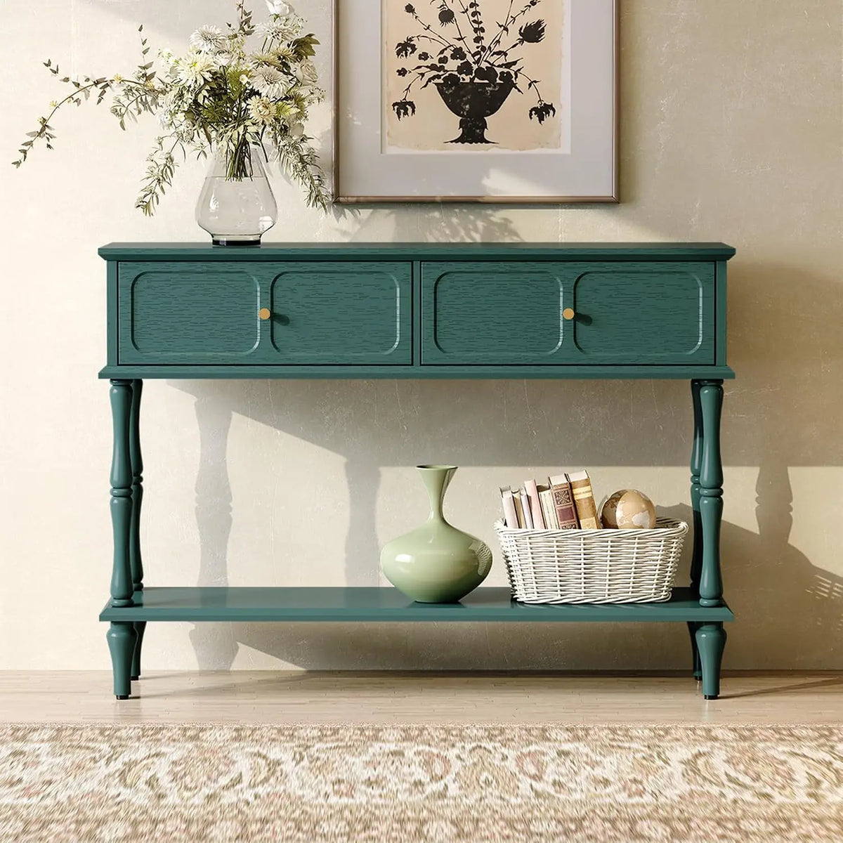 Narrow Mid-Century Wooden Console Table with Drawers and Storage