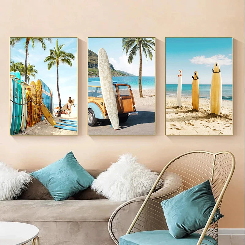 Nordic Summer Beach Surfing Canvas Painting Poster for Home Decor