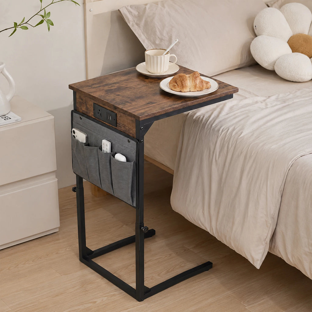 Adjustable Height C-Shaped End Table with Charging Station Slide Under Sofa TV Tray