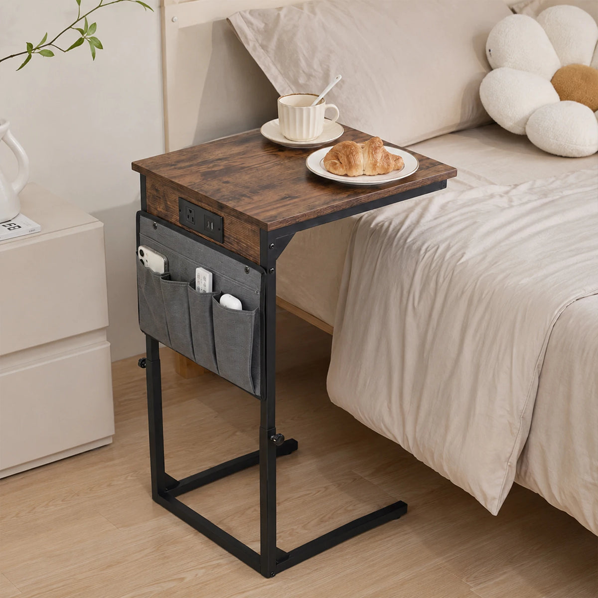Adjustable Height C-Shaped End Table with Charging Station Slide Under Sofa TV Tray