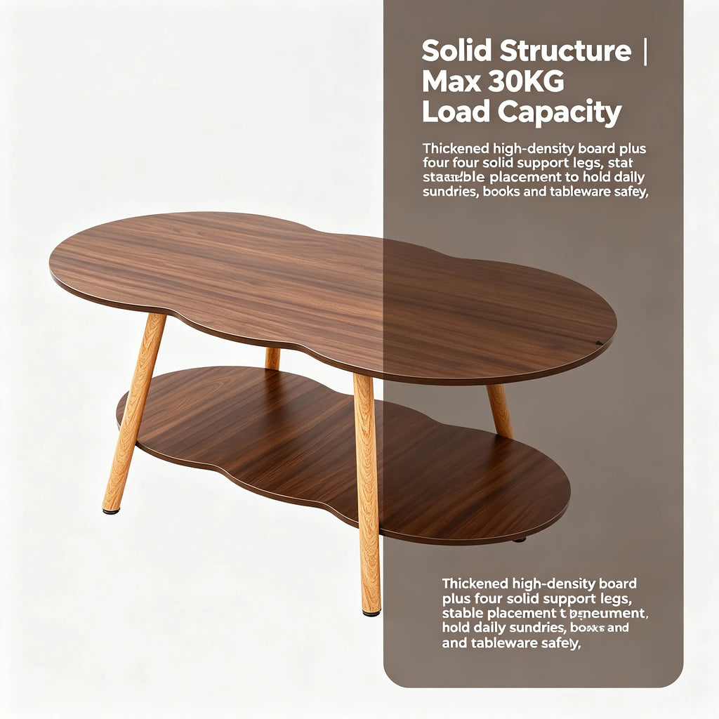 2-Tier Modern Coffee Table with Cloud-Shaped Tabletop and Bottom Shelf, 30 kg Capacity, Sturdy Density Board for Living Room Office, Black Walnut