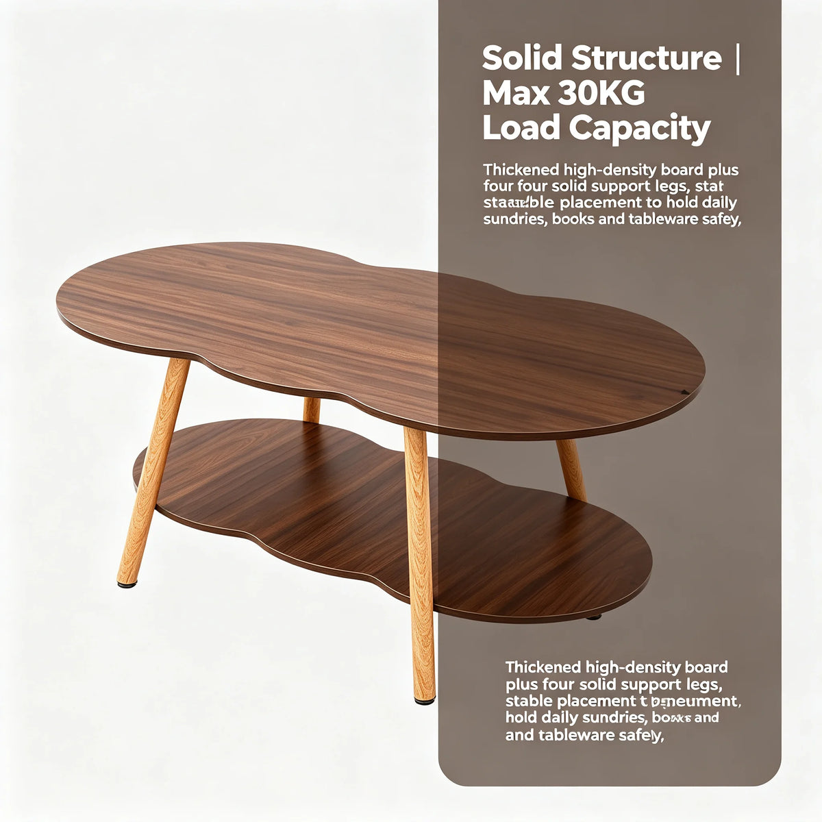 2-Tier Modern Coffee Table with Cloud-Shaped Tabletop and Bottom Shelf, 30 kg Capacity, Sturdy Density Board for Living Room Office, Black Walnut