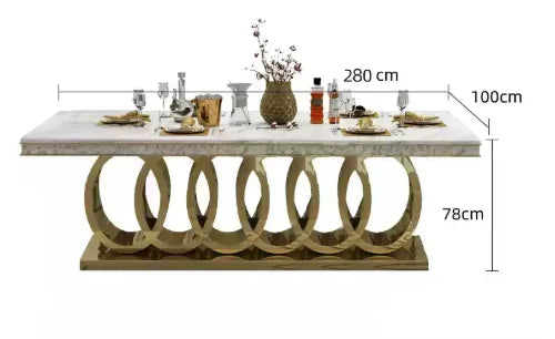 160cm Modern Dining Table Set with 6 Chairs Gold Metal Base Marble Top