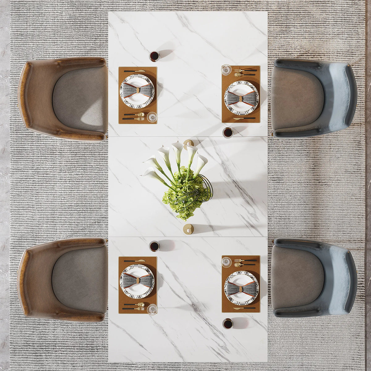 Modern Rectangular Dining Table with Faux Marble Top and Metal Base