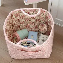 Vintage Floral Quilted Storage Basket With Handle for Home Decor