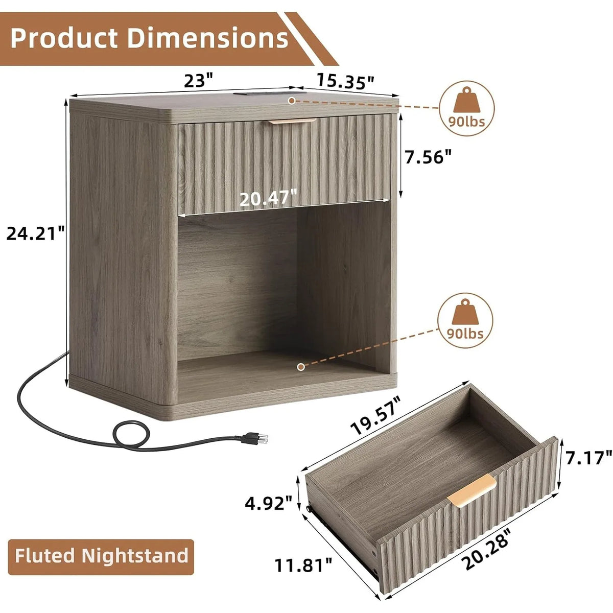 58cm Fluted Farmhouse Nightstand with Drawer Charging Station End Table