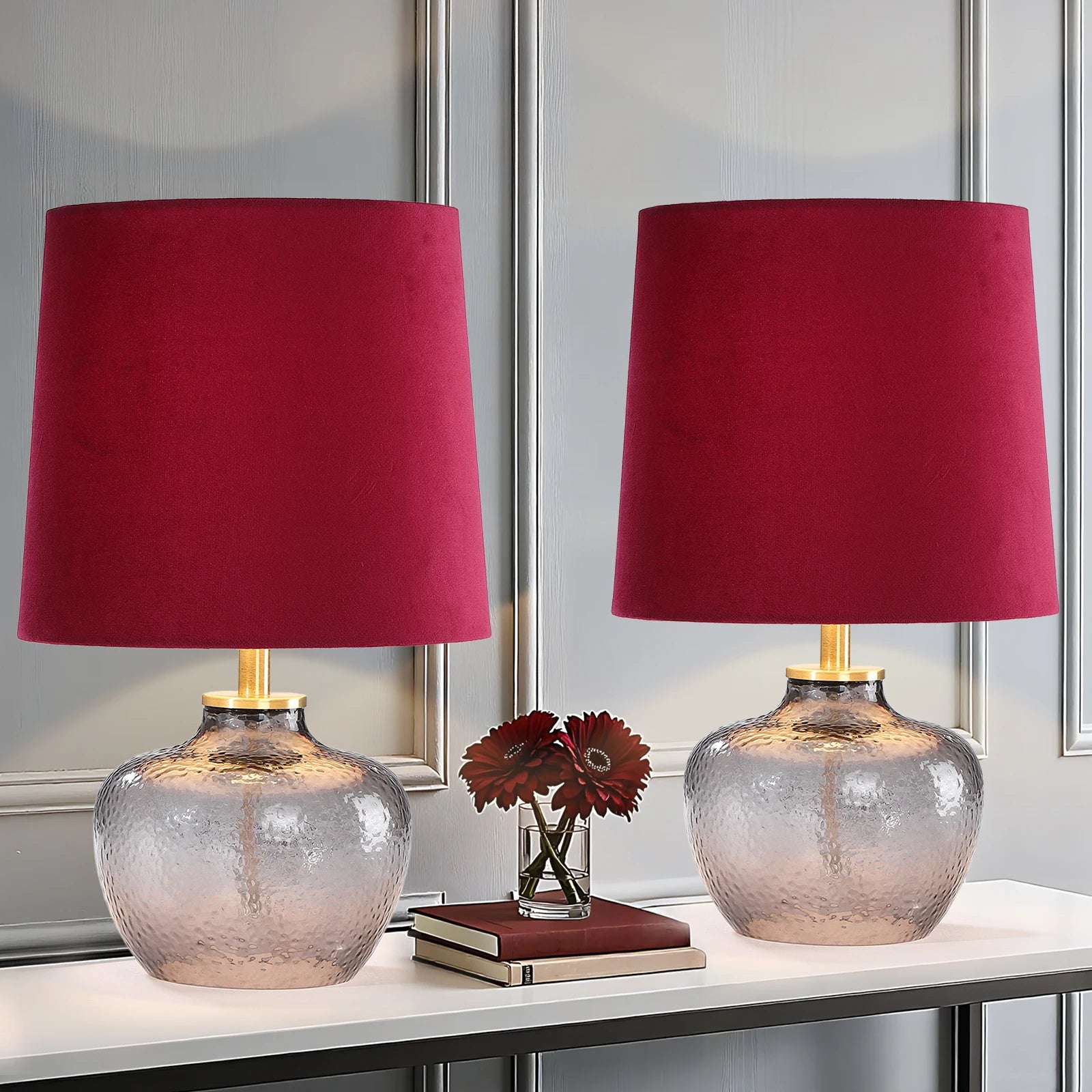 Modern Minimalist 15-Inch Glass Table Lamp Smoky Gray Velvet Red Shade
