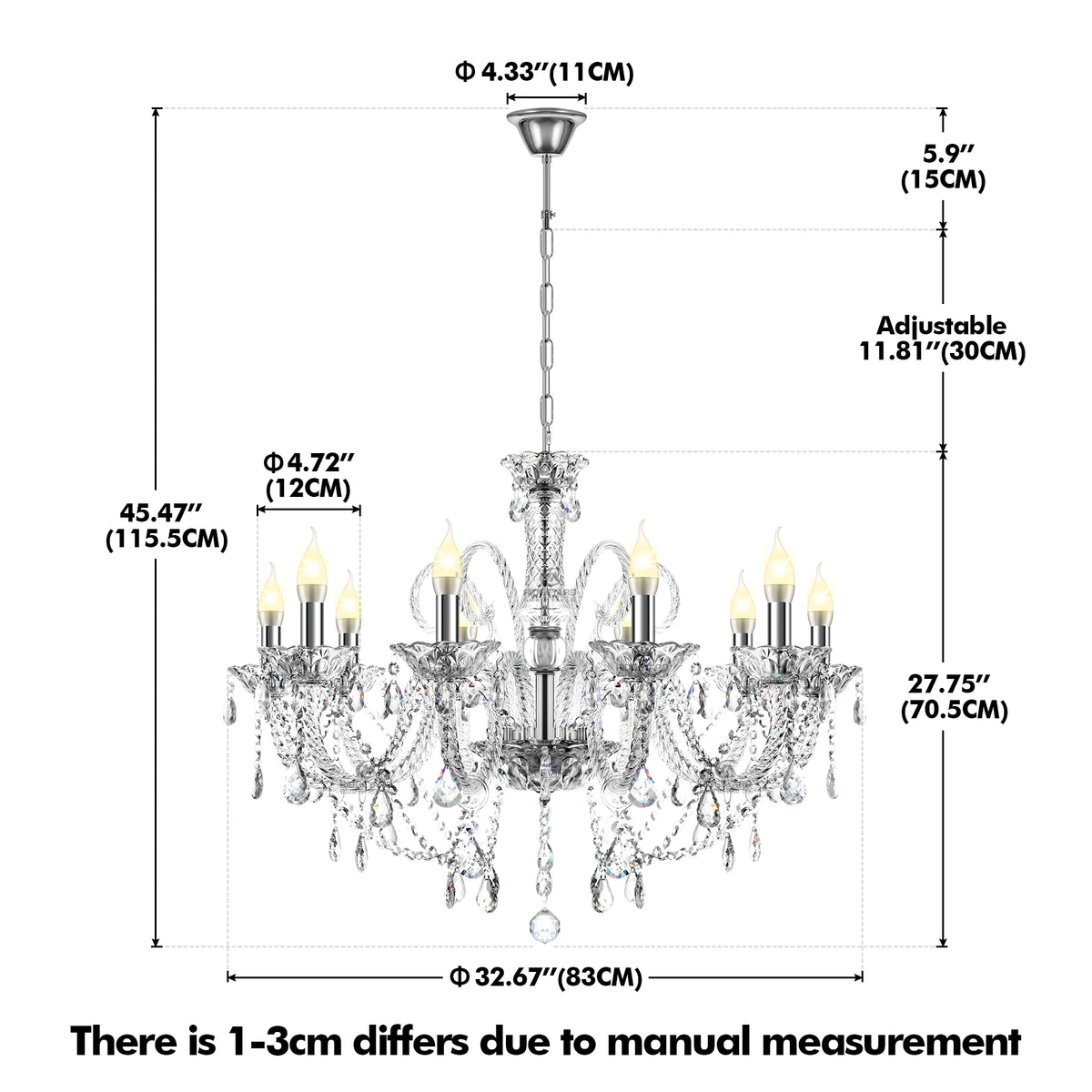 10-Light Clear Cognac Crystal Chandelier Ceiling Light Gold