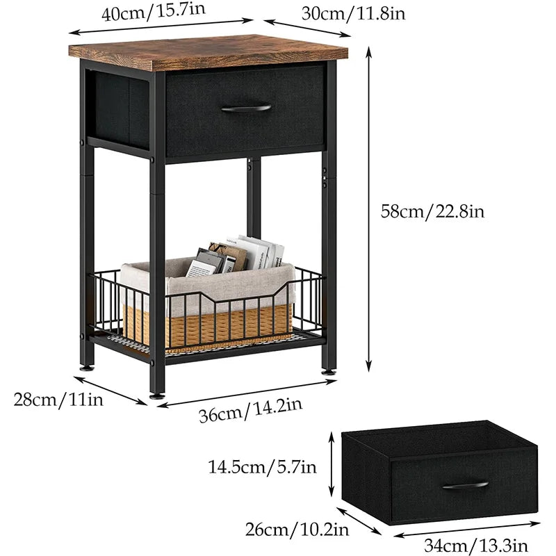 Modern Wooden Nightstand End Table with Open Shelf and Fabric Drawer