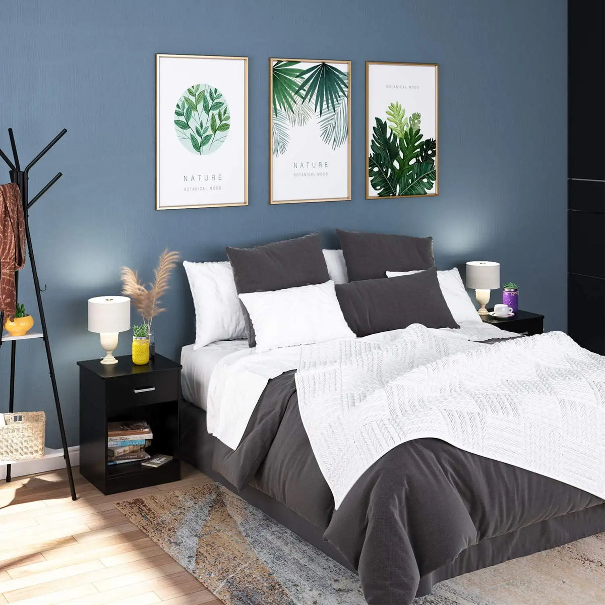 60cm Modern 1-Drawer Nightstand Wooden Bedside Table with Storage Shelf Black