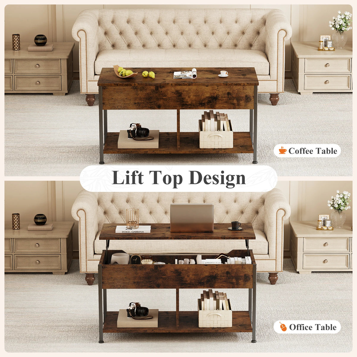99cm Modern Lift-Top Coffee Table Wooden Living Room Storage Table
