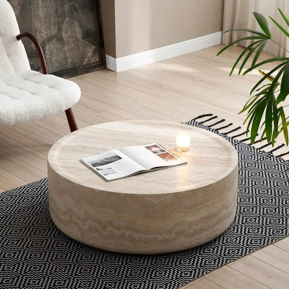 80cm Modern Round Coffee Table Concrete Texture Minimalist Drum Base
