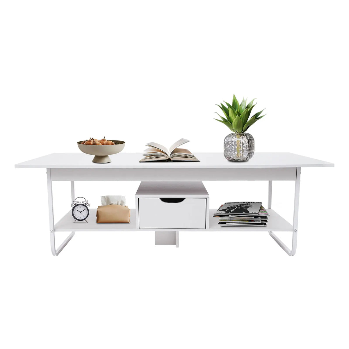White 2-Tier Rectangular Coffee Table with Drawer