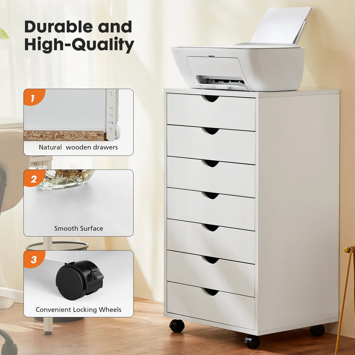 7-Drawer Wooden Mobile Storage Cabinet with Rolling Wheels