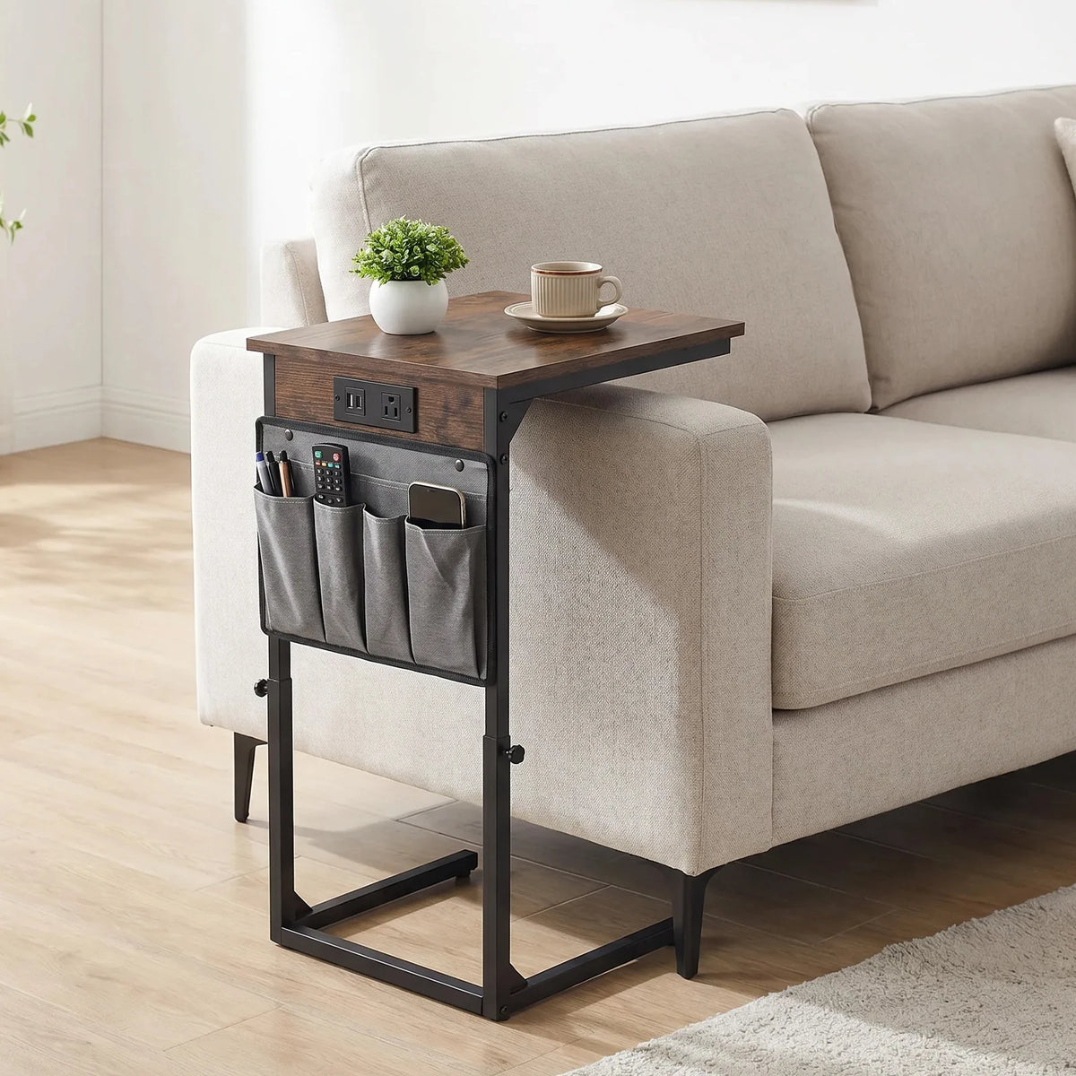 Adjustable Height C-Shaped End Table with Charging Station Slide Under Sofa TV Tray