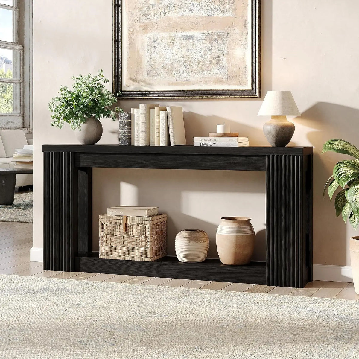 180 cm Fluted Wooden Console Table with Storage Rectangular Behind Couch Entryway Furniture