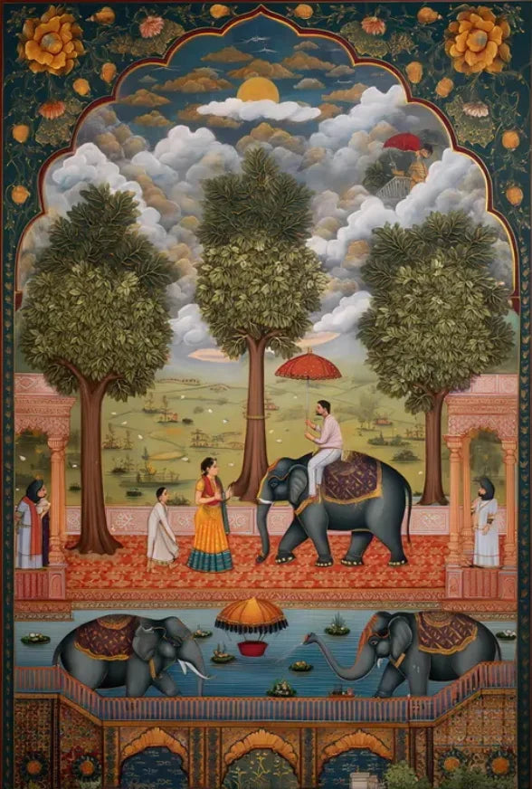 Vintage Indian Mughal Elephant Scene Canvas Painting Poster for Home Decor