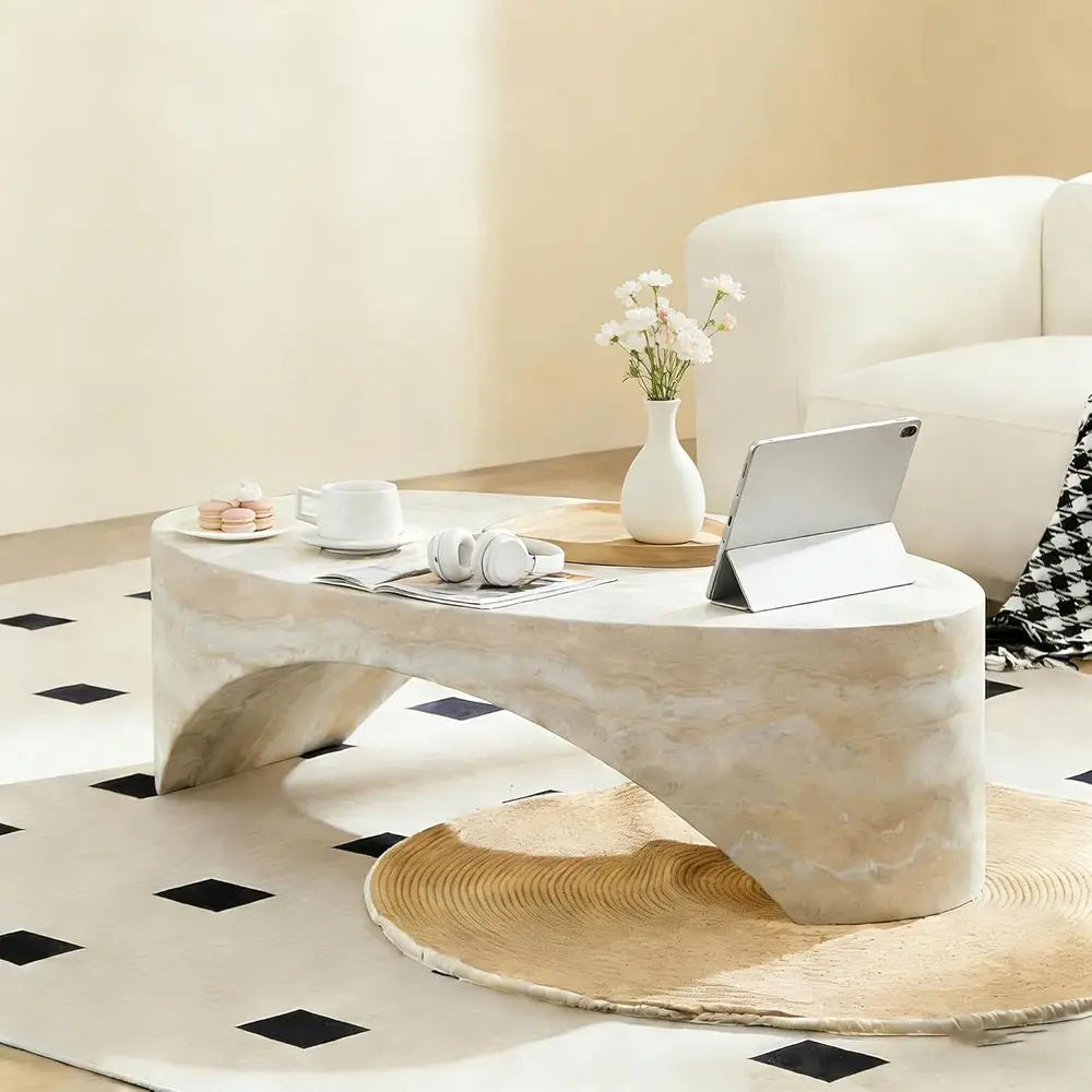110cm Modern Oval Coffee Table Faux Marble Minimalist Center Table