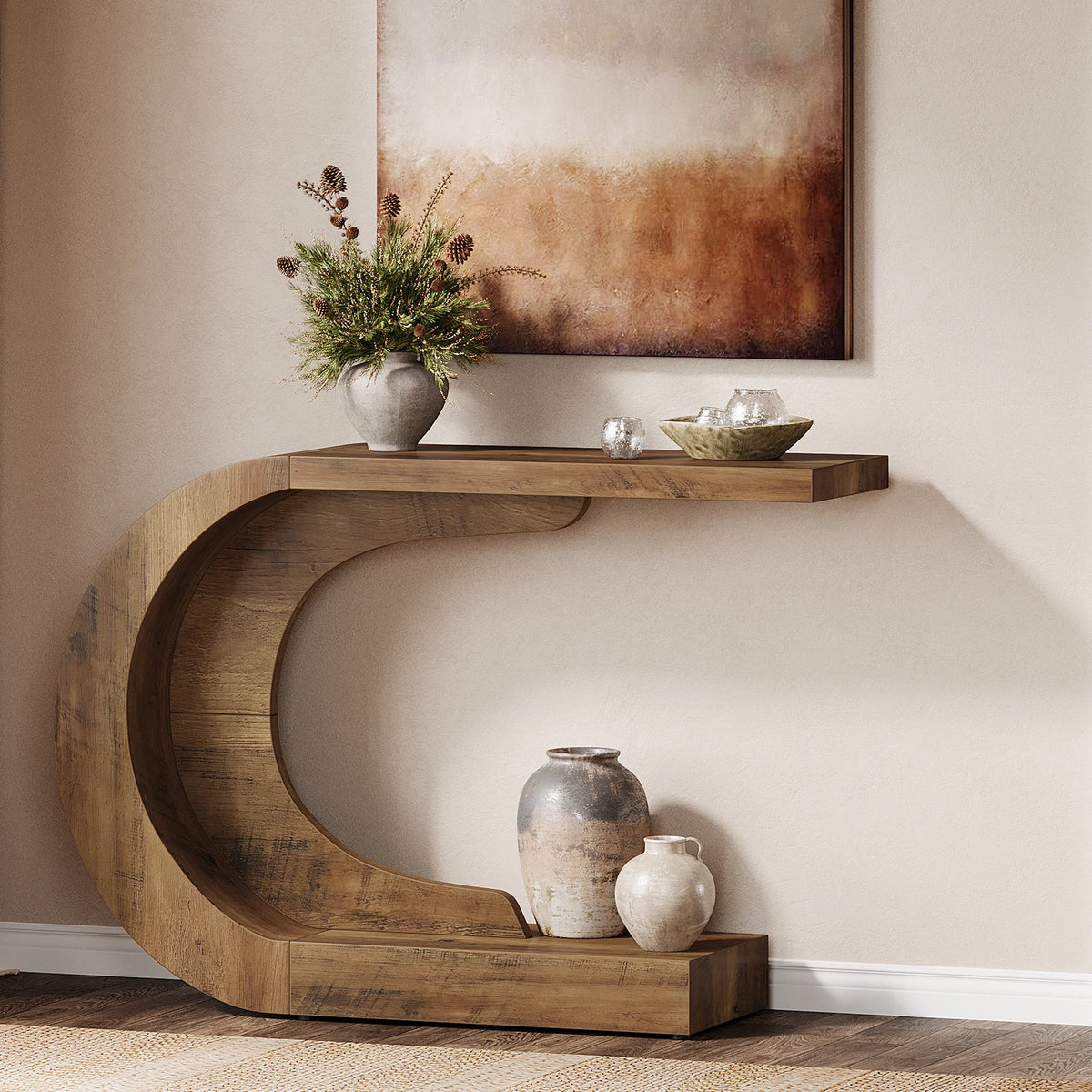 Modern 110 cm C-Shaped Console Table Entryway Sofa Table Behind Couch Living Room Hallway Brown