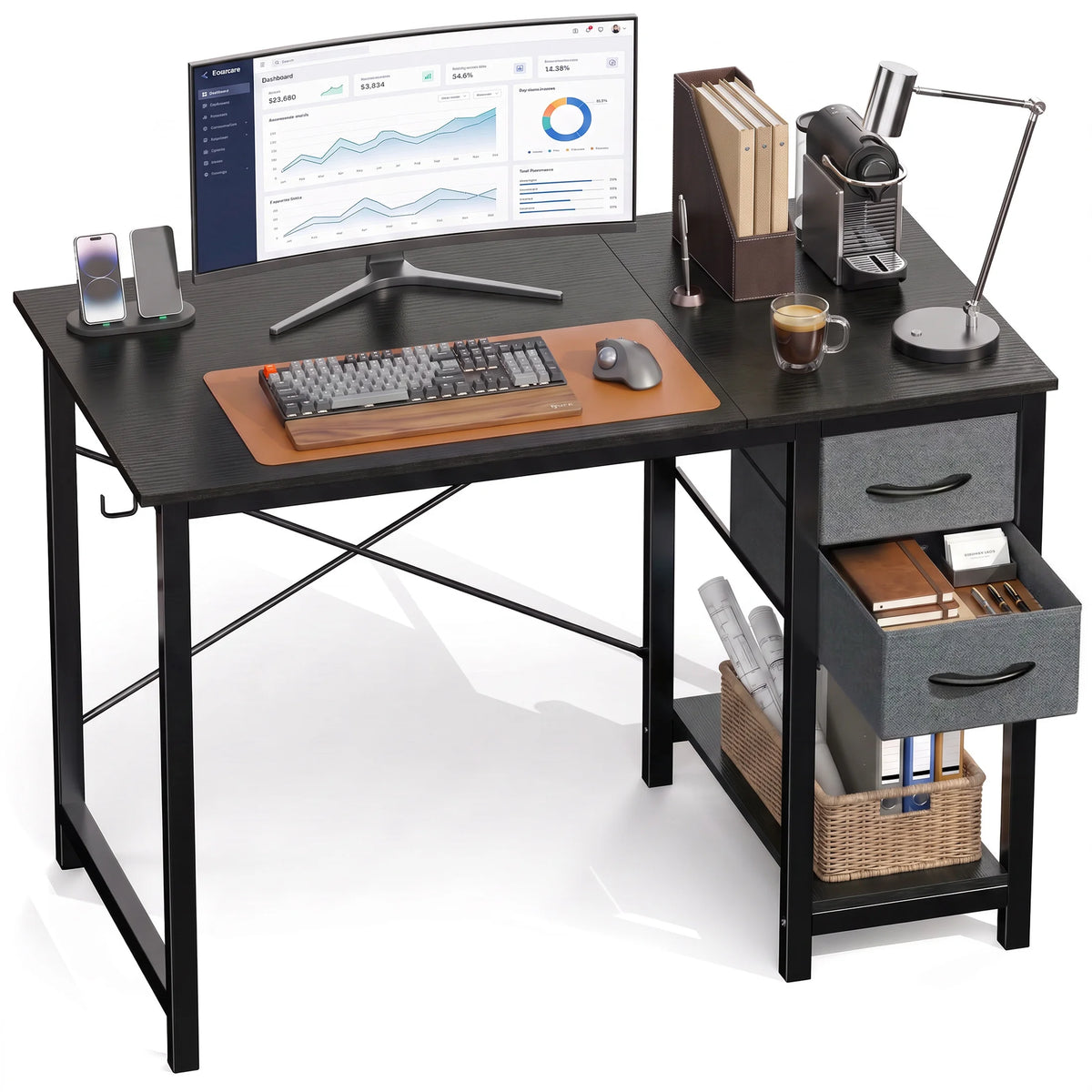 40 Inch Standing Office Desk with Drawers and Side Hook Ergonomic Gaming Desk with Storage X-Frame Stability for Home Office Small Space