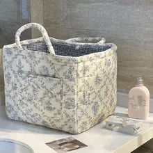 Vintage Floral Quilted Storage Basket With Handle for Home Decor