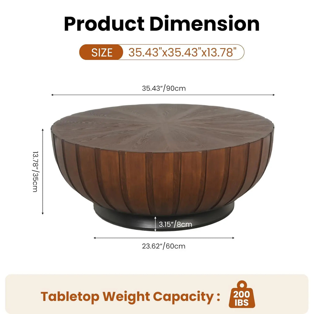 35.4 in Walnut Round Fluted Coffee Table with Drum Base