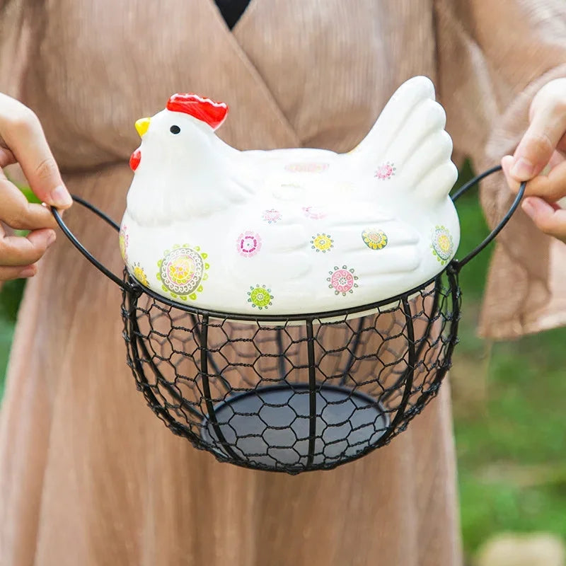 Ceramic Hen Kitchen Garlic Bread Storage Basket Container