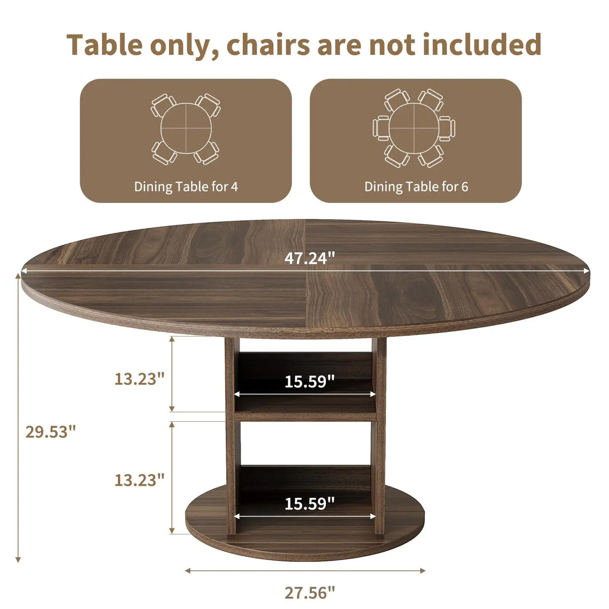 Farmhouse Round Dining Table with Pedestal Base and 2-Tier Storage