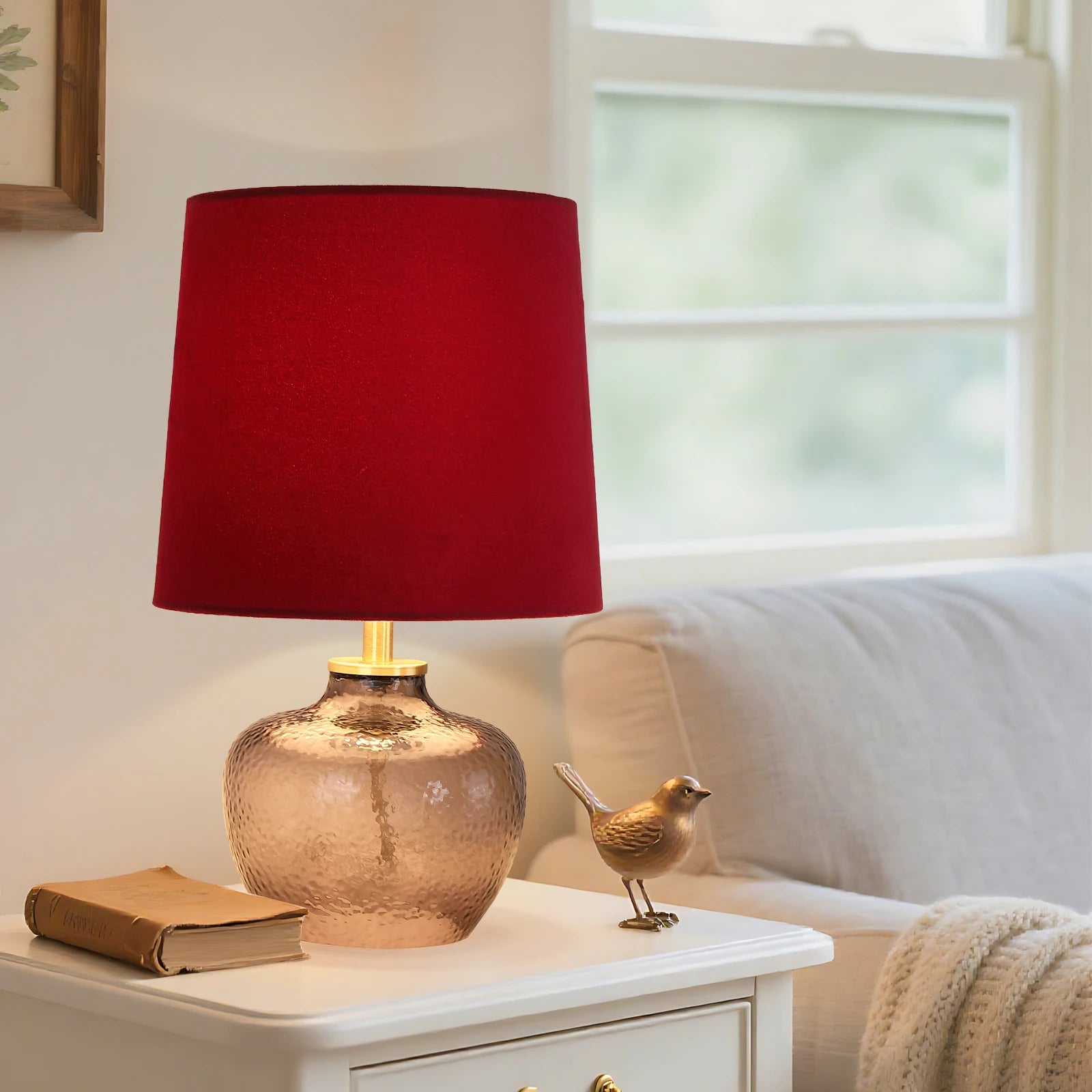 Modern Minimalist 15-Inch Glass Table Lamp Smoky Gray Velvet Red Shade