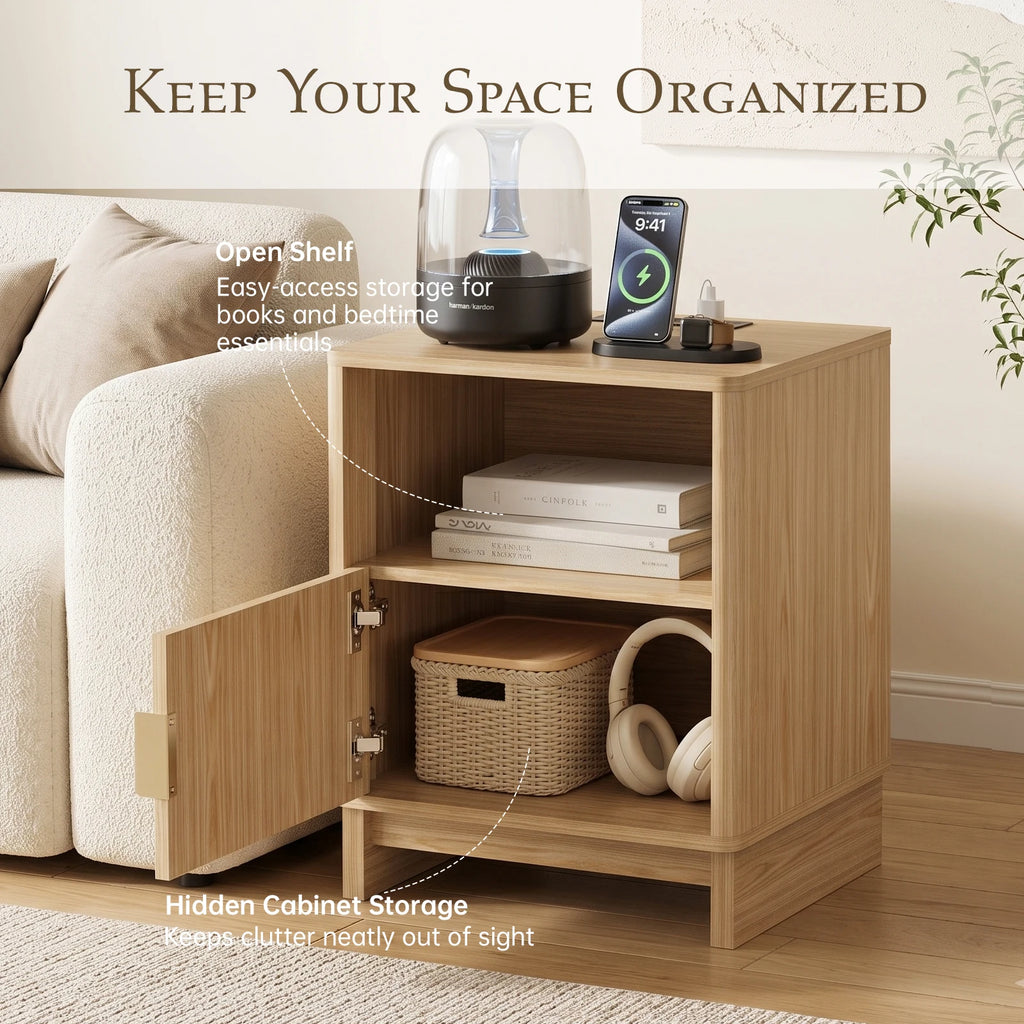 Fluted Wooden Nightstand with USB-C Charging Station and Open Shelf