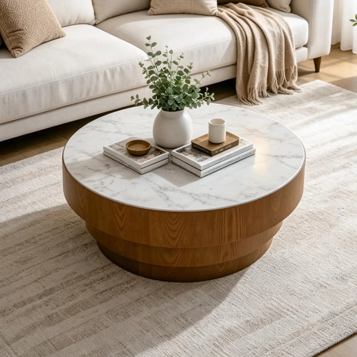 80 cm Modern Round Coffee Table with Sintered Stone Top Wood Veneer Tiered Base Living Room Furniture