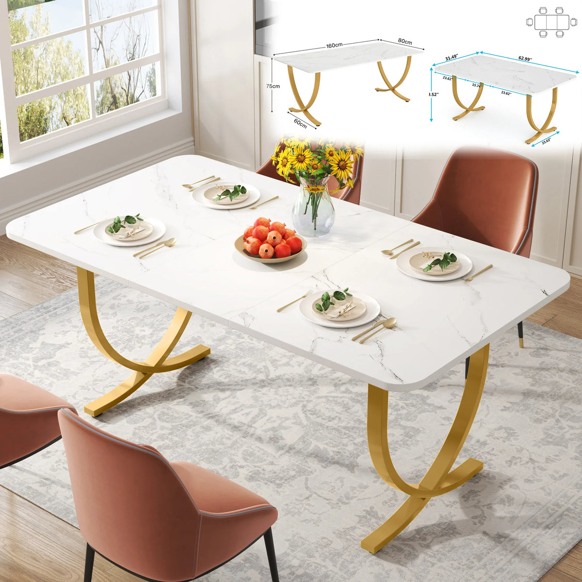 Modern Rectangular Dining Table with Faux Marble Top and Metal Base