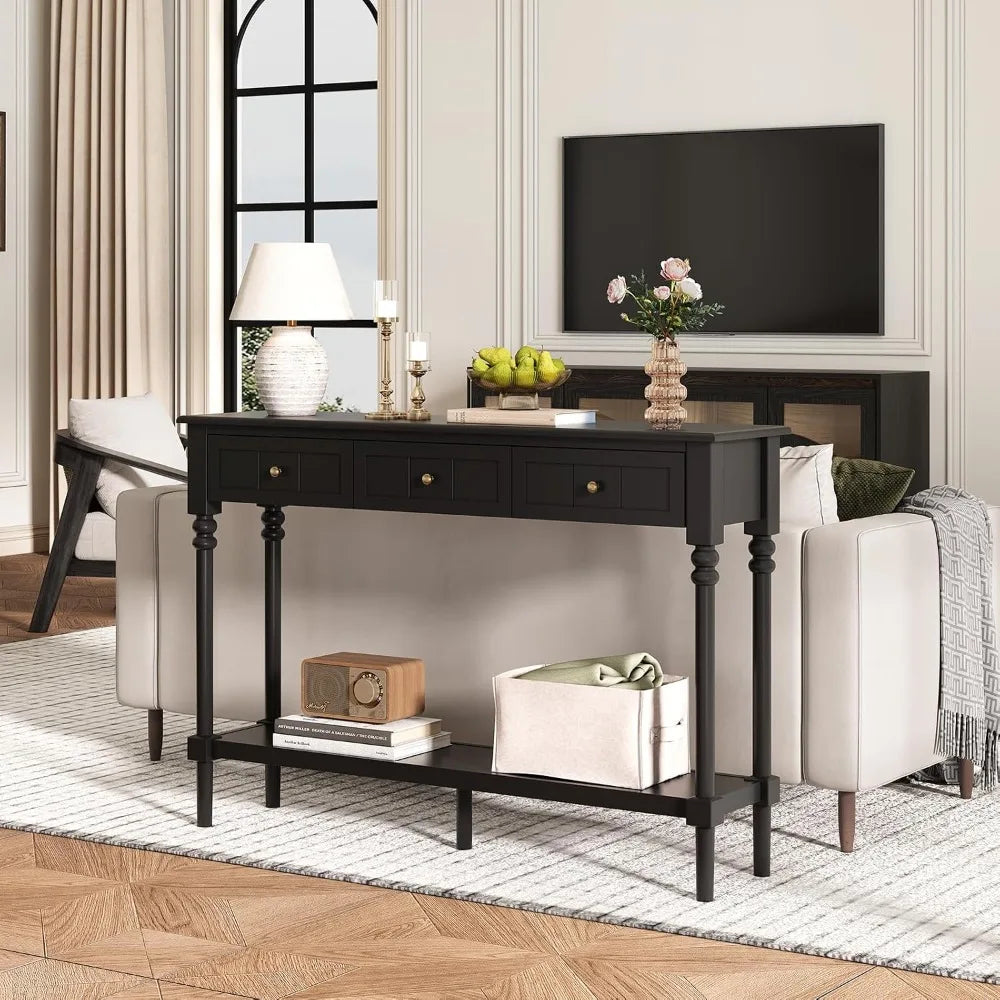 43-Inch Narrow Console Table with Drawers and Shelf Solid Wood Legs Entryway Behind Couch Furniture