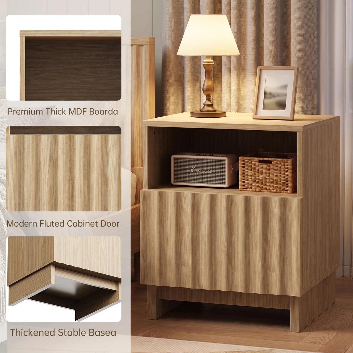 55.9cm Wood Nightstand with Storage Drawers Open Shelf Modern Bedside Table