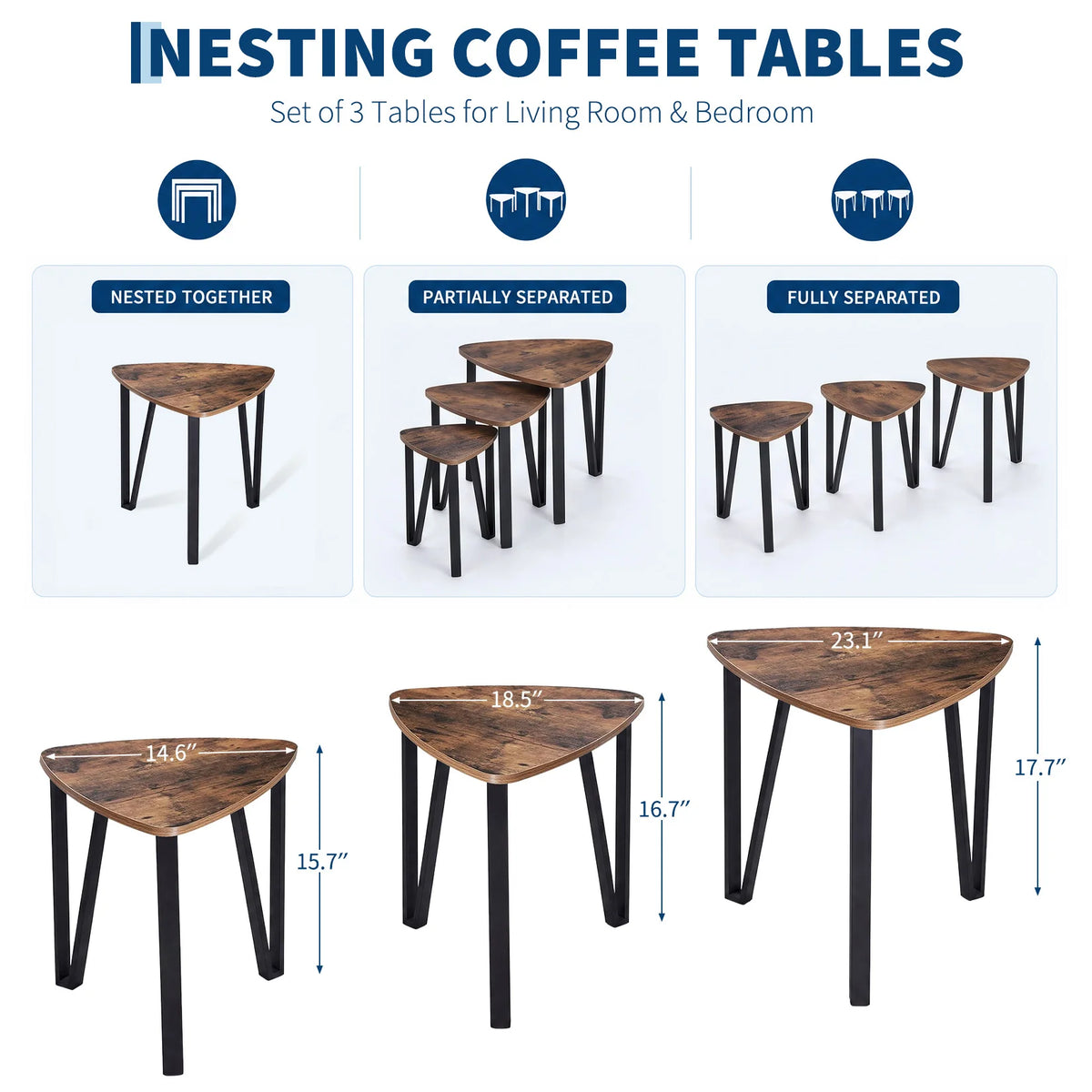 Set of 3 Industrial Triangle Nesting Coffee Tables with Metal Frame