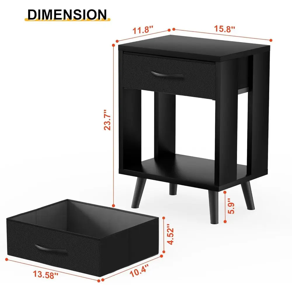 61cm Nightstand Set of 2 with Fabric Drawers Bedside Table Black
