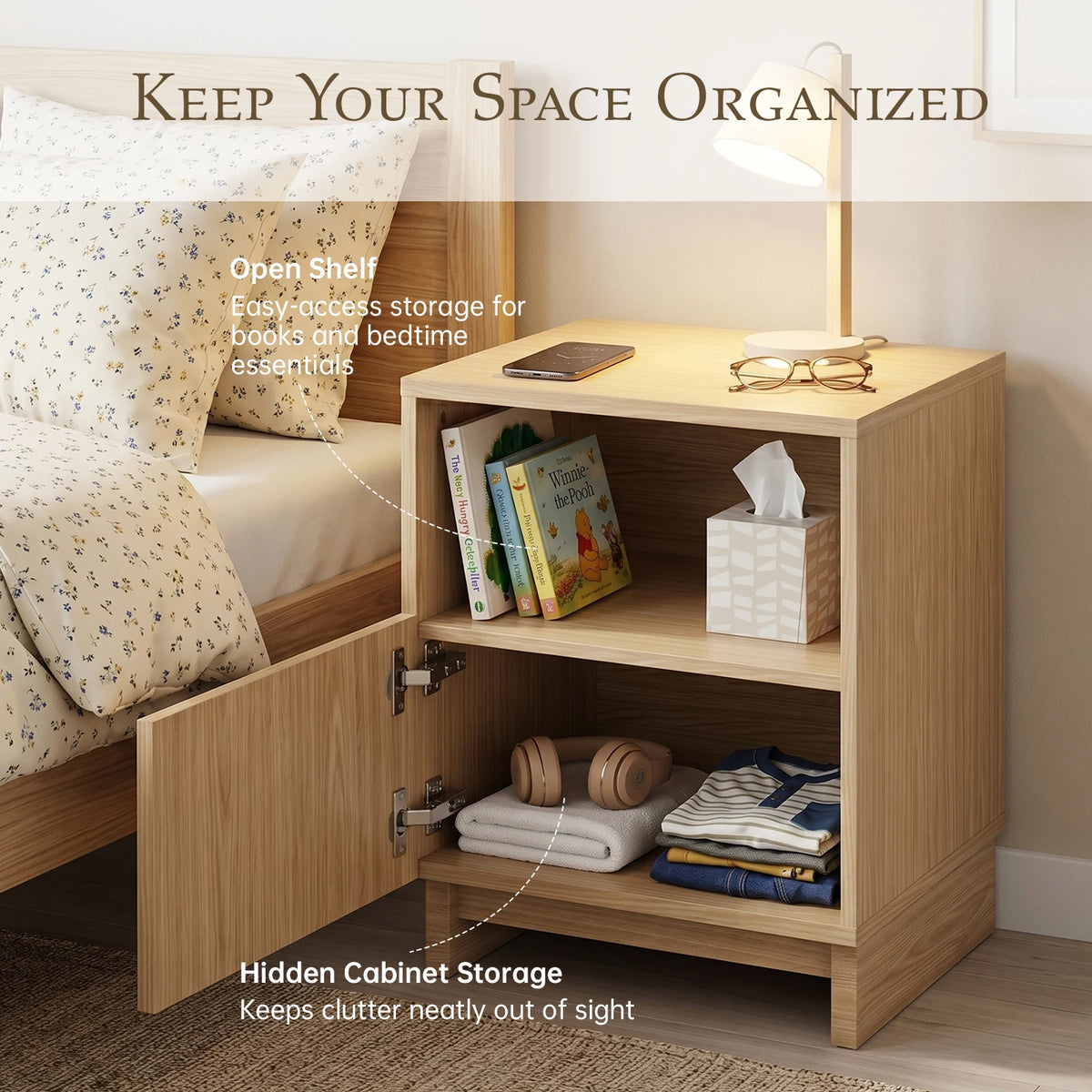55.9cm Wood Nightstand with Storage Drawers Open Shelf Modern Bedside Table