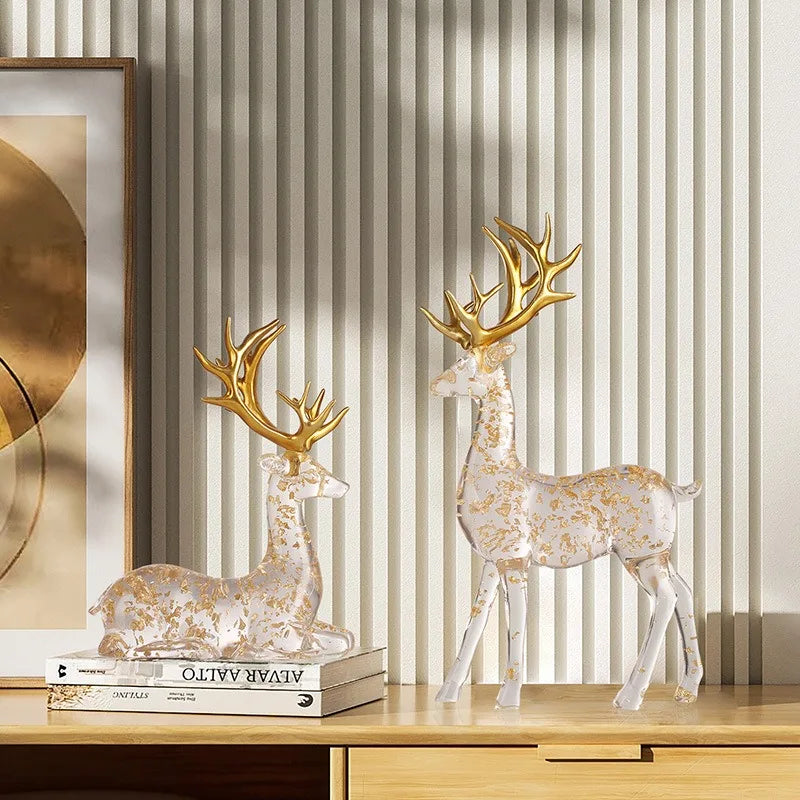 Modern Transparent Gold Foil Elk Sculpture Tabletop Figurine for Home Decor