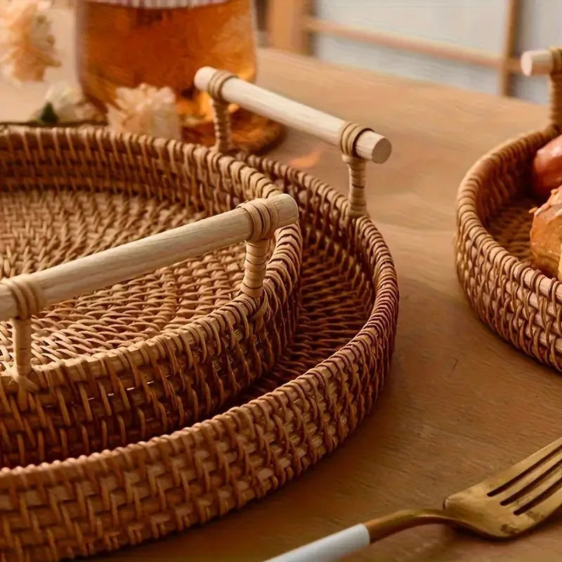 Handmade Woven Rattan Serving Tray Heat-Resistant Tabletop Storage Basket