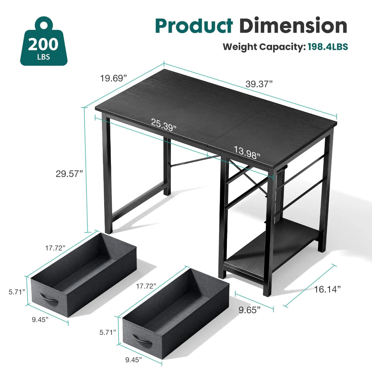 120 cm Computer Desk with 2 Drawers Study Office Gaming Table Adjustable Position Modern Work Table