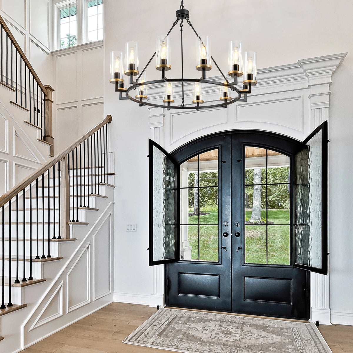 12-Light High Translucent Large Glass Chandelier Rustic Black for Living Room Foyer Entryway
