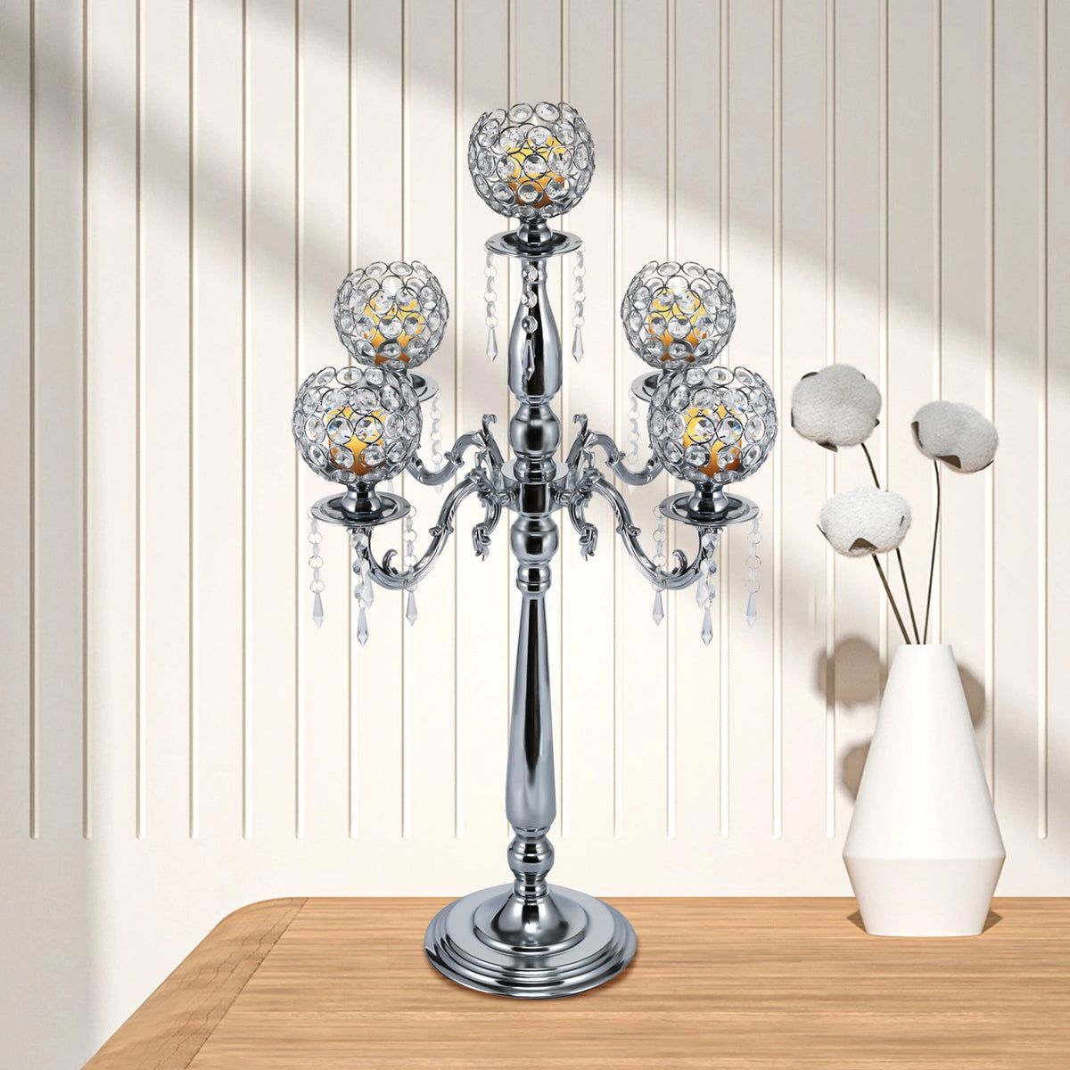 Modern 5 Arms Crystal Candlestick Holder Tabletop Ornament for Home Decor