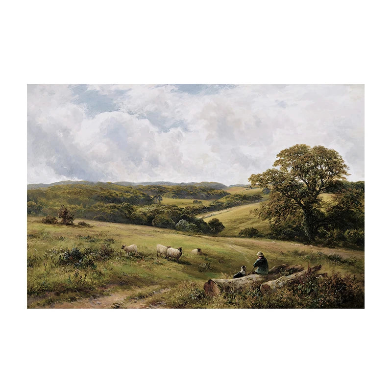 Vintage Sheep Landscape Canvas Painting Poster for Home Decor