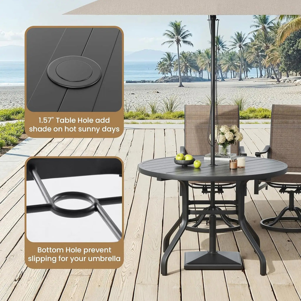 41 in Round Metal Patio Dining Table with Umbrella Hole Black