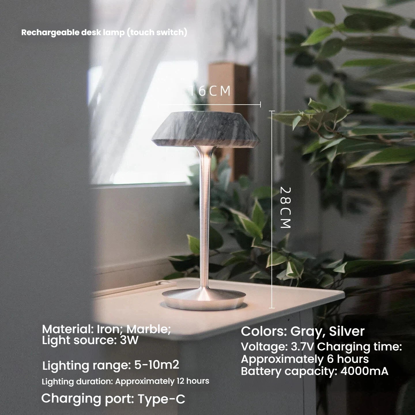 Luxury Glass Marble Rechargeable Table Lamp Touch Control