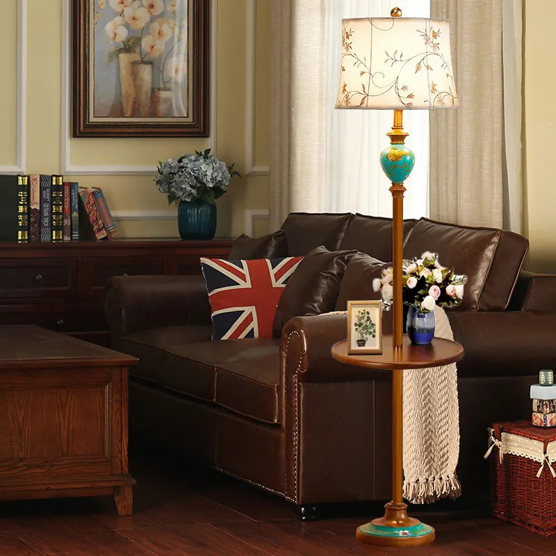 European Luxury Retro Fabric Floor Lamp with Storage Rack LED