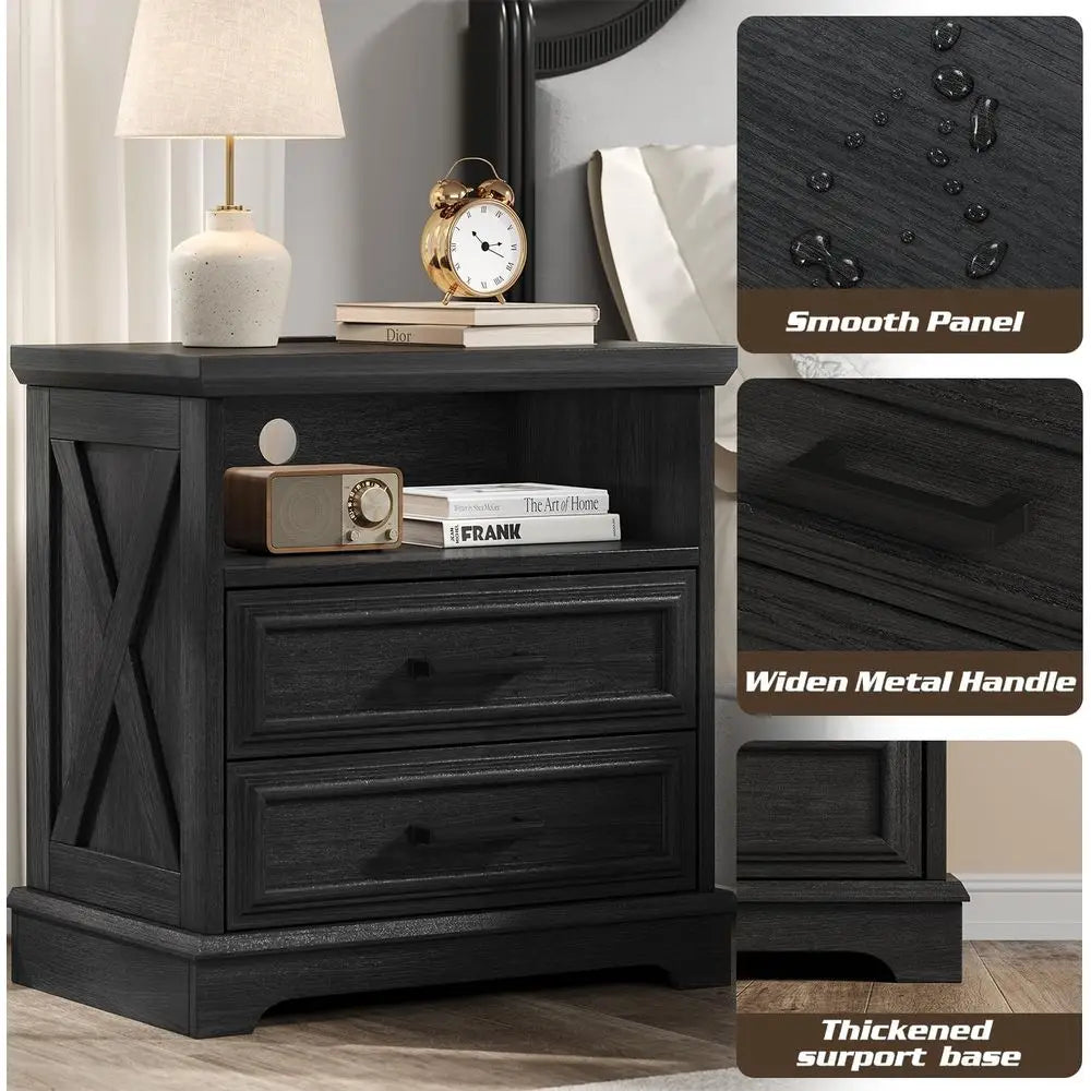60cm Modern 2-Drawer Nightstand Wooden Bedside Table with Charging Station Gray
