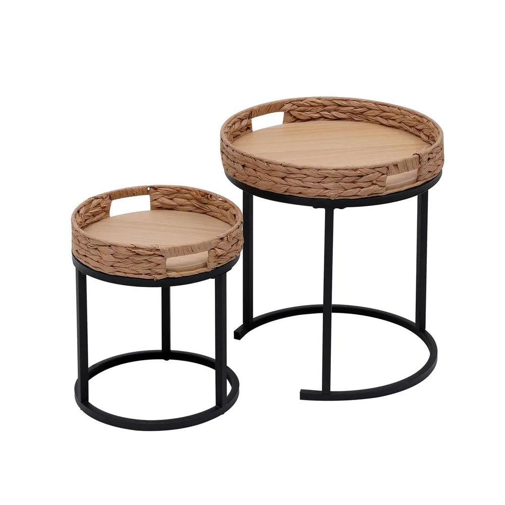 2-Piece Hand-Woven Rattan Nesting Tables Round Side Tables 40x46 cm