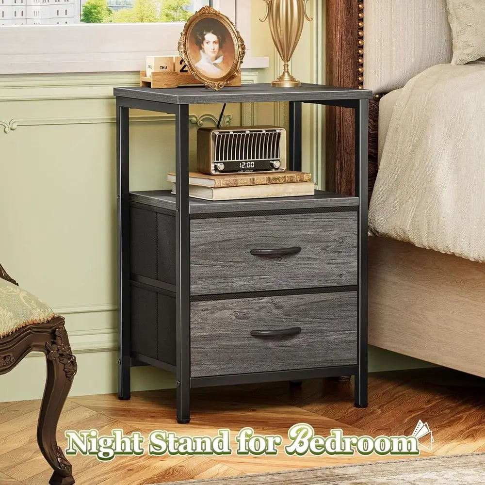 60cm Modern Nightstand Set of 2 Wood Bedside Tables Fabric Drawers